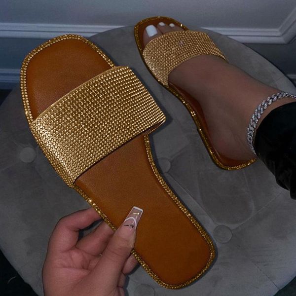 

slippers women's sandals 2021 summer female flat-bottom square toe fashion rhinestone and, Black
