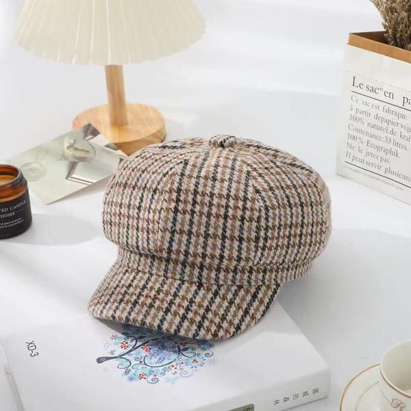 

berets women fashion wool plaid beret vintage artist beanie hat girls spring autumn elegant ladies octagonal cap head accessories, Blue;gray
