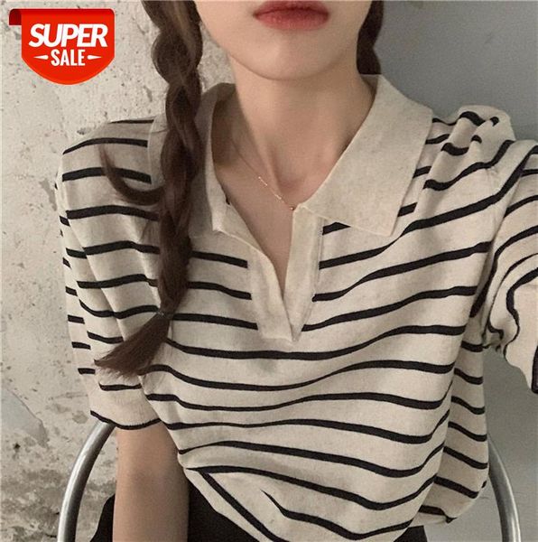 

ins loose v-neck short-sleeved striped sweater #k33v, Black;gray