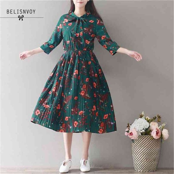 

mori girl vintage green floral printed three quarter sleeve dress women fresh japan style bow collar elastic waist pleated midi 210520, Black;gray