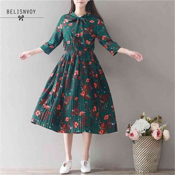 Mori Girl Vintage Green Floral Stampato Abito manica tre quarti Donna Fresh Japan Style Bow Collar Vita elastica pieghettata Midi 210520