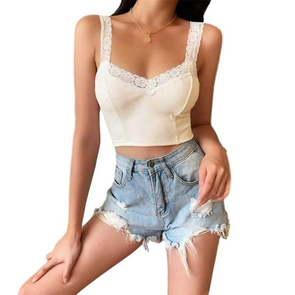 

women's tanks & camis summer girls midriff-baring v neck camisole ladies fashionable solid color lace splicing v-neck backless tank top, White