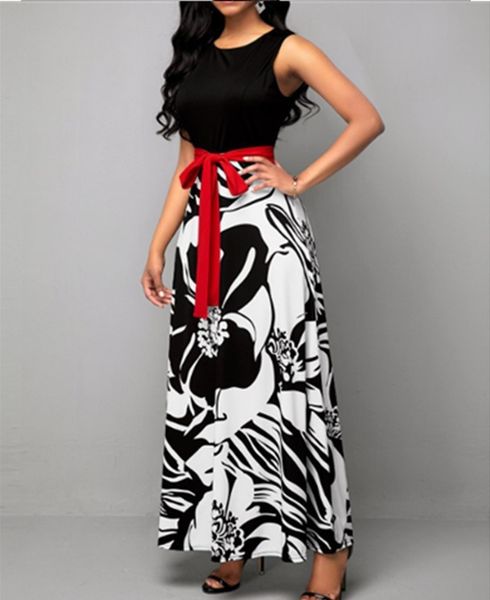 

waist up high new stitching lace sleeveless printing dress women's long skirt, White;black