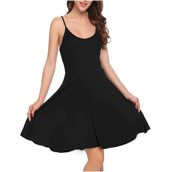 

casual dresses womens mini a-line dress sleeveless strap solid color backless summer party vestido de mujer, Black;gray