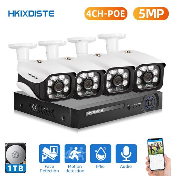 

h.265 5mp cctv security camera system 4ch poe nvr with 5.0mp ip kit waterproof ip66 video surveillance xmeye wireless kits