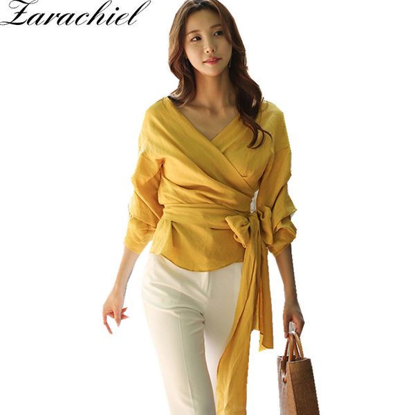 

autumn gathered yellow white solid surplice wrap blouse shirt women puff sleeve v neck bow tie belt 210416