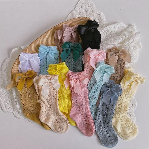 

socks spain style kids 100% cotton breathable mesh long for girls children bow princess knee high school pink, Pink;yellow