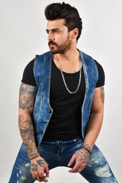 

deepsea laser cut button jeans cepken vest 2100447 men's vests, Black;white