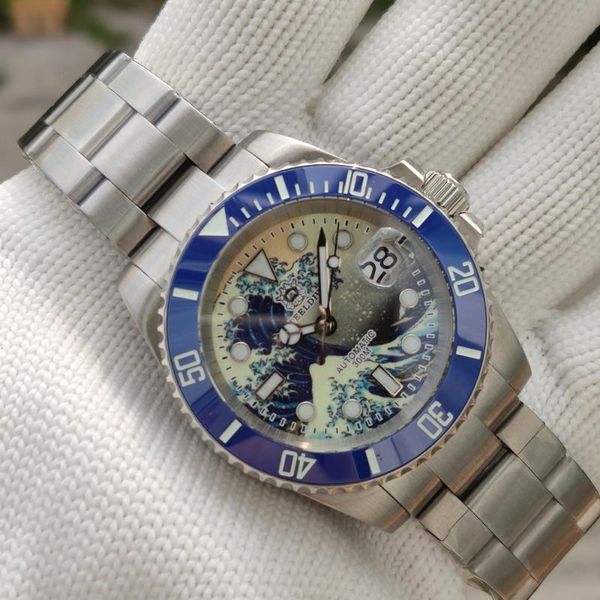 

wristwatches steeldive sd1953j stainless steel men's watch 300m waterproof mechanical nh35 auto the great wave of kanagawa diving, Slivery;brown