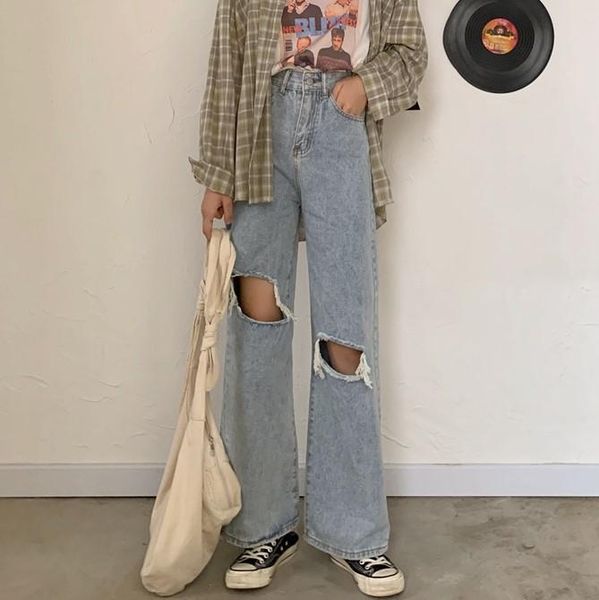 

women's jeans plus size both sides knee holes fashion high-waist loose wide leg straight for women, Blue