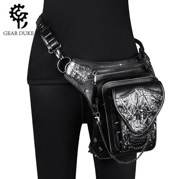 

pockets steampunk skeleton chain motorcycle bag women's one shoulder messenger mobile phone waist men's