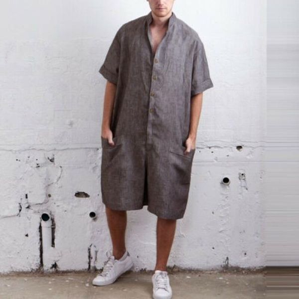 

helisopus 2021 summer loose men rompers stand collar single breasted solid vintage casual jumpsuit male cargo pants men's, Black