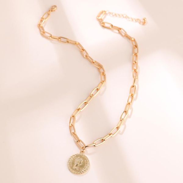 

lost lady geometric round coin pendant necklace for women hip hop punk metal chain wholesale jewelry female bijoux gift necklaces, Silver