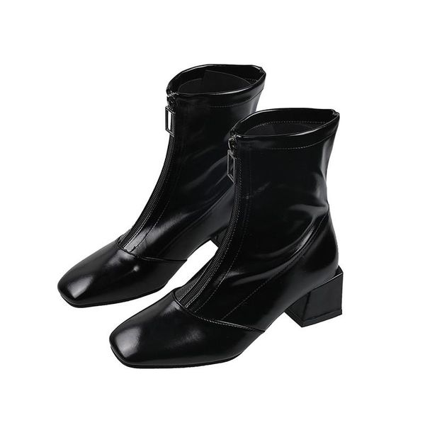 

boots autumn women pu leather platform short for casual motorcycle shoes high heels zapatos mujer ankle, Black