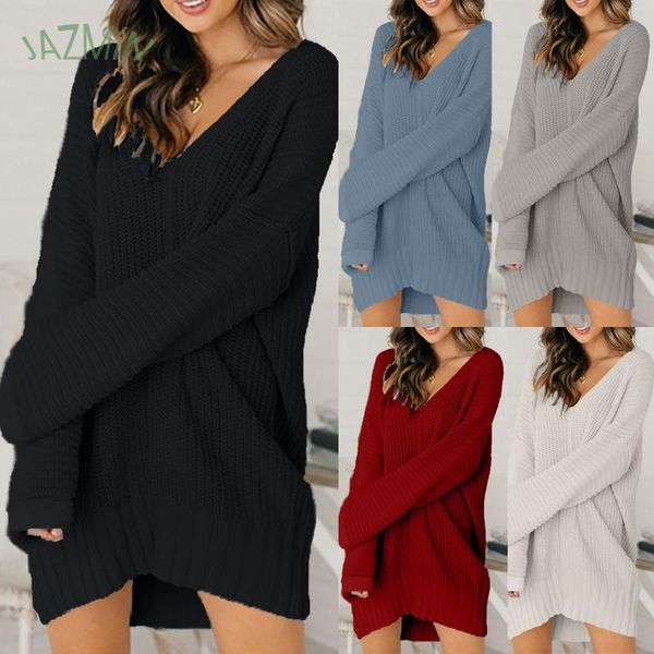 

casual dresses long sweater winter long-sleeved shirt solid color loose minidress roupas femininas 2021 v-neck for women, Black;gray