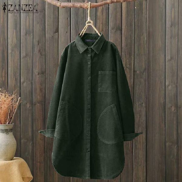 

kaftan corduroy shirts women's spring blouses 2021 zanzea casual lapel button blusas female patchwork oversized tunic 5xl &, White