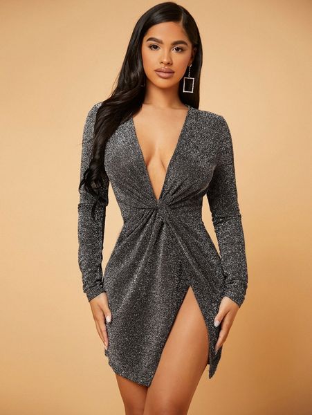 

sxy deep v neck twist front wrap dress q2yb#, Black;gray