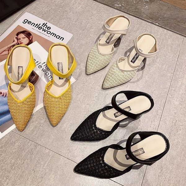 

shoes woman 2021 female slippers med pointed toe heeled mules shallow soft high thin slides pumps pu elegant hoof wom, Black