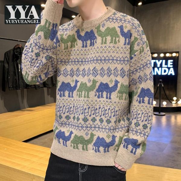 

autumn mens sweater printing long sleeve loose o-neck knitting pullovers vintage casual cartoon pattern college sweaters men, White;black