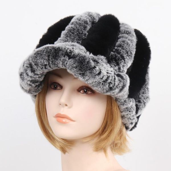 

beanie/skull caps 2021 women knit real rex fur striped hats winter warm floral genuine lady natural hat wholesale retail, Blue;gray