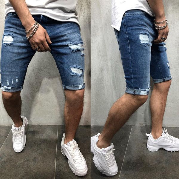 

men's jeans fashion leisure mens ripped short brand clothing summer cotton shorts breathable denim male, Blue