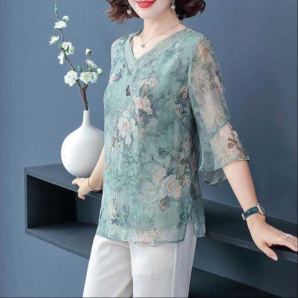 

five point sleeve floral women shirt print chiffon v neck large size loose stitching lotus leaf thin blouse spring, White