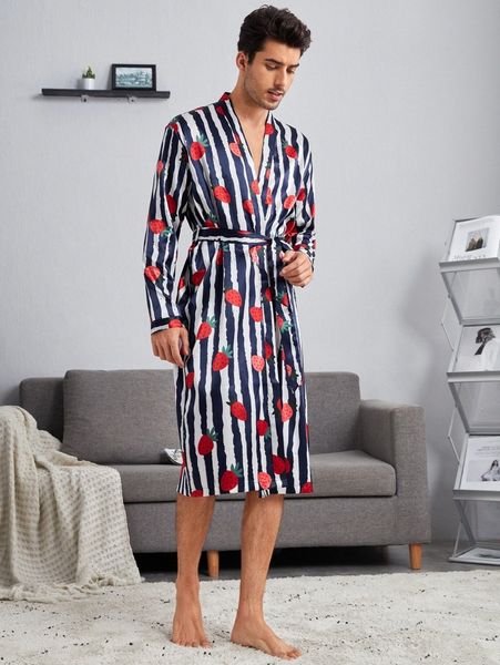 

men random striped & strawberry print belted satin robe m9jn#, Black;brown