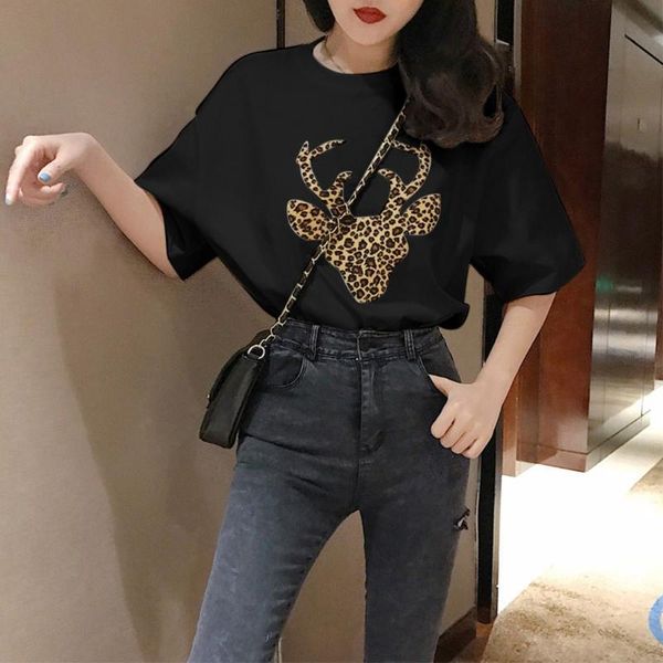 

loose korean style all-match female blouse leopard pattern print short sleeve o-neck leisure 2021 fashion women's blouses & shirts, White
