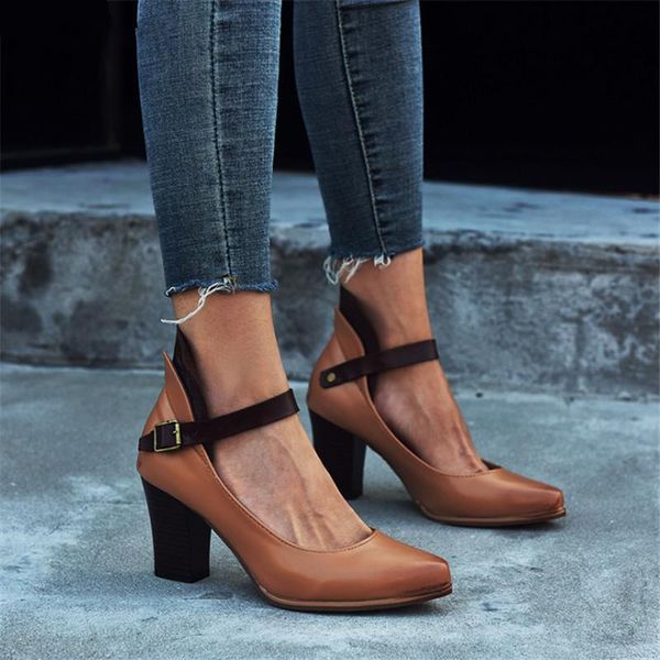 

dress shoes 2021 autumn leather pumps fashion retro buckle pointy toe high heels women party casual square-heel zapatos de mujer, Black