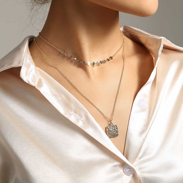 

simple style women's multi-layer necklace 18k gold square metal pendant collarbone chain, Silver