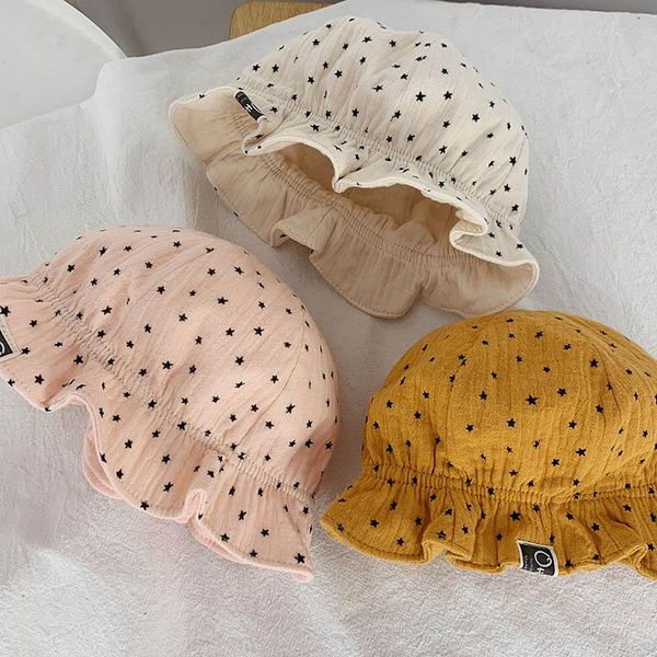 

caps & hats breathable summer outdoor bucket children cap kids beach star pattern cotton lovely princess ruffle brim girls sun hat, Yellow