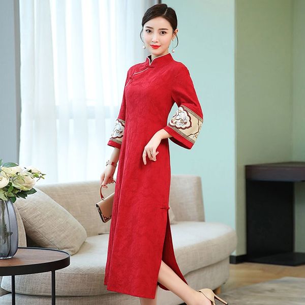 

vietnam traditional dress chinese robe vintage femme cheongsam qipao spring dresses 2021 elegant china new year dress 11075, Red