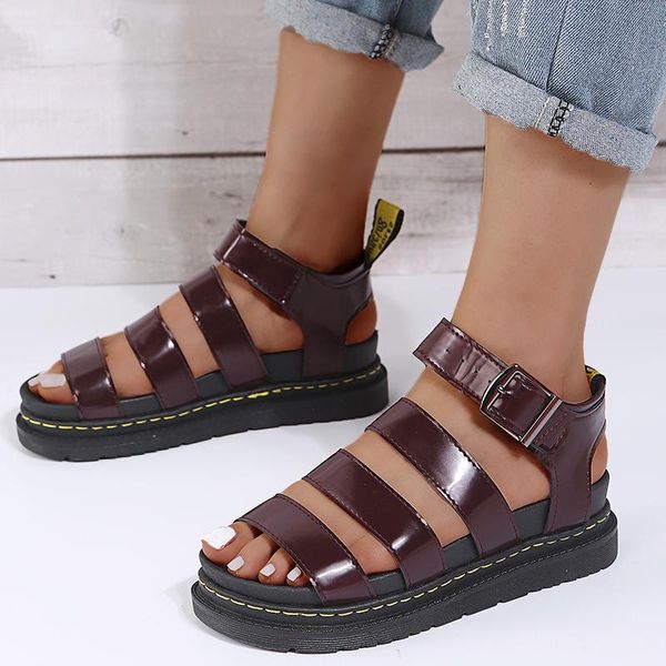

sandals thick-soled female 2021 british style tie strip flat hollow sandal beach shoes car stitching buckle roman, Black