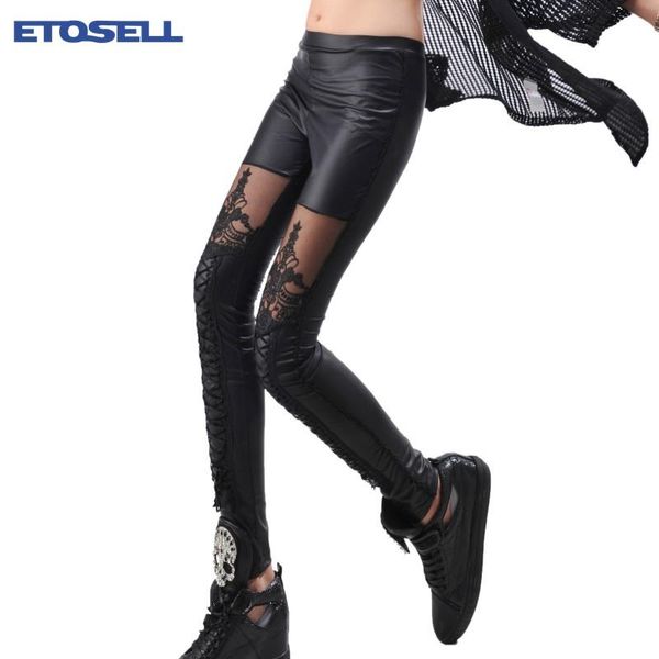 

women's leggings 1 piece cuciture pizzo elasticizzato skinny leg faux leather black legins punk gothic fashion women pants