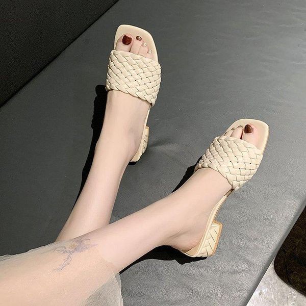 

slippers leather braided high heel sandals women party woman cross wove folds mules shoes weave thick, Black