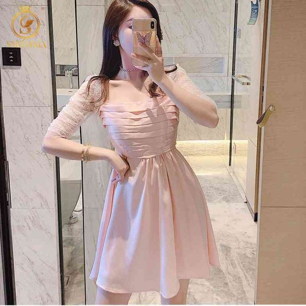

arrival women's design runway summer dress ladies pink flocked mesh pleated vestidos 210520, Black;gray
