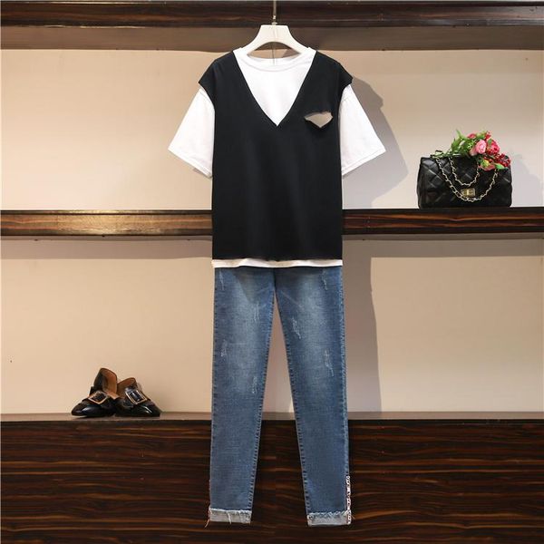 

two piece dress plus size l-4xl 2021 summer women's short sleeves t-shirt + hole vest denim pants 3 pcs sets female fashion suits a2344, White