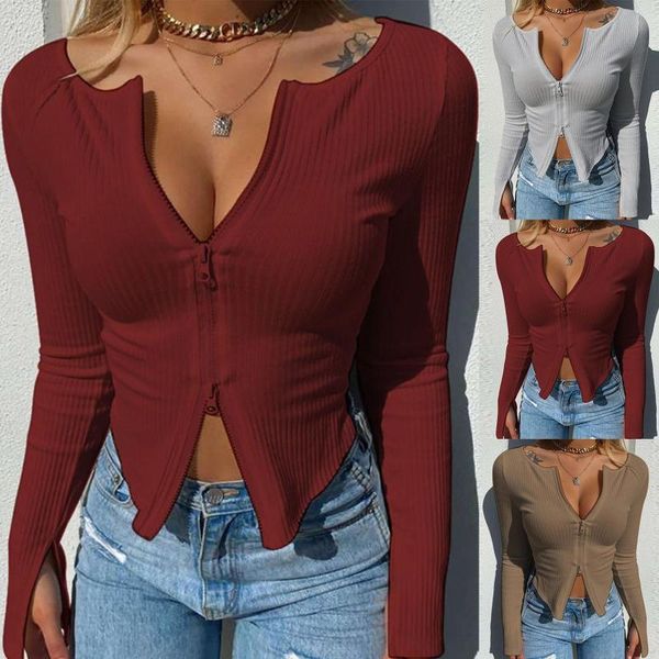 

women's blouses & shirts fashion casual blouse knitting zipper long sleeve shirt solid color ladies, White