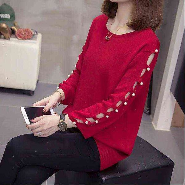 

Womens Sweaters Plus Size Hollow Out Bead Knit Woman Autumn Loose Three Quarter Sleeve Female Pullovers Chic Jumpers Oversize Knitwear, White;black