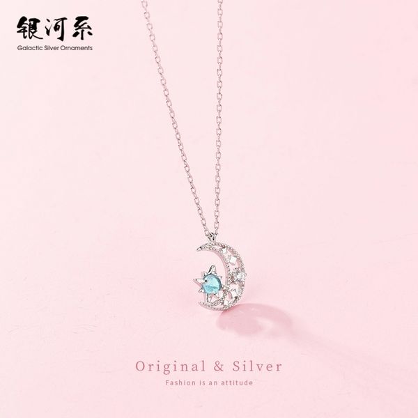 

galaxy s925 silver star moon crescent diamond clavicle chain necklace, Black