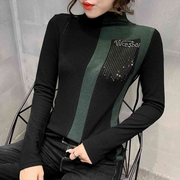 

fashion european clothes shiny womens t shirts tees color blocking diamonds women autumn winter bottoming t9n713, White