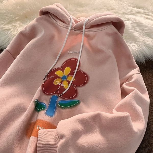 

men's hoodies.. hip hop flower print sweater women's loose oversize couple pullover plush hoodie, Black