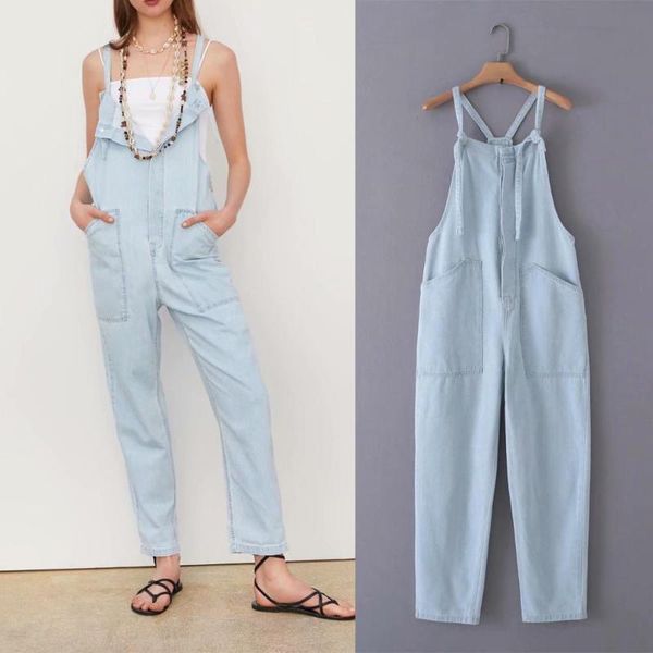 

light blue loose denim straps pants female pocket jumpsuit women's jumpsuits & rompers, Black;white