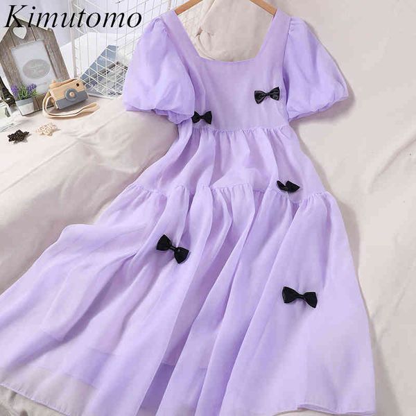 Kimutomo Süße Kleider Mädchen Sommer Mode Nähen Farbe Kontrast Drei Dimensionale Bug Chiffon Koreanische Vestidos Mujer 210521