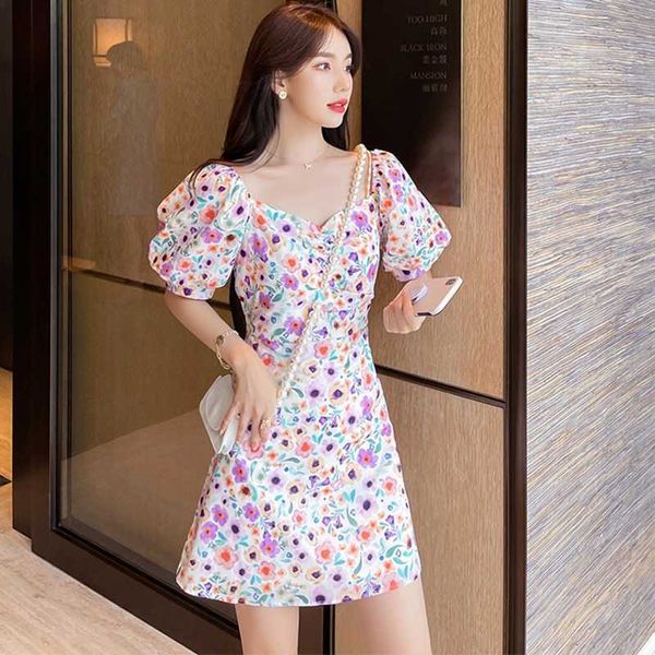 

cherry print kawaii puff sleeve dress women vintage square neck beach dresses korean clothes 210529, Black;gray