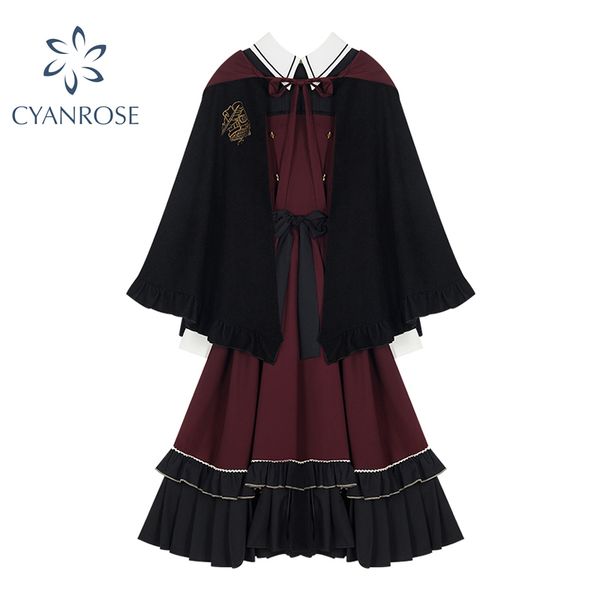 

women preppy style dress with shawl fluffy frocks female red japanese lolita style vintage gothic school student princess dresse 210417, Black;gray