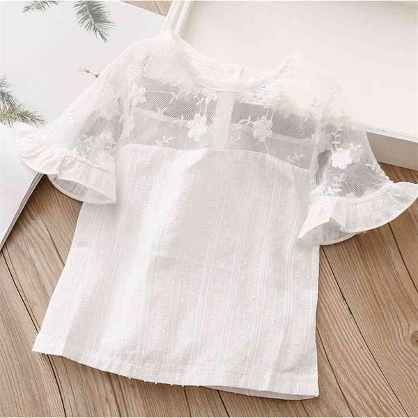 

summer 2 3 4 6 8 10 years lace patchwork short flare sleeve pure white embroidery flower t-shirts for kids baby girl 210701, Blue