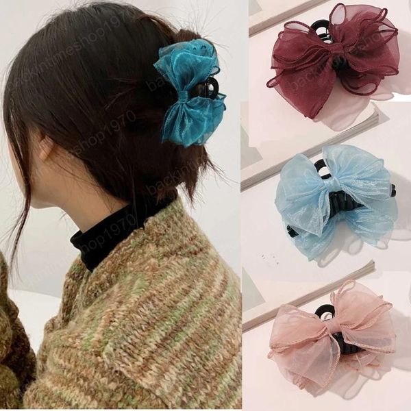 

bow organza hair claws clip women ponytail hairpin solid color headwear hair accessories for girls fashion barrette, Slivery;white