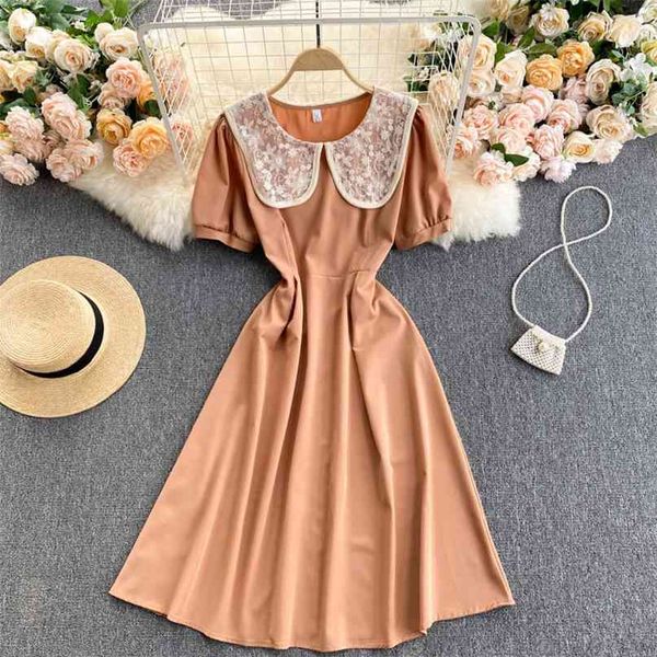 

women fashion sweet embroidery large lapel short sleeve a-line dress slim waist summer solid color vestidos s057 210527, Black;gray