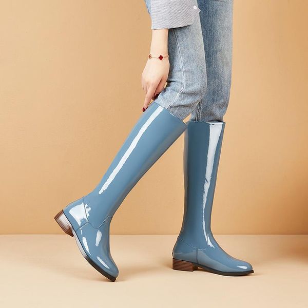 

boots square heels female silm long riding women fashion solid genuine leather knee high night club shoes woman, Black